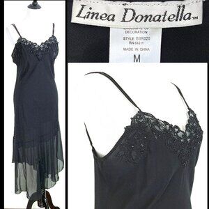 Vintage 90s Black Beaded Cami Asymmetrical Slip Dress by Linea Donatella Sz M